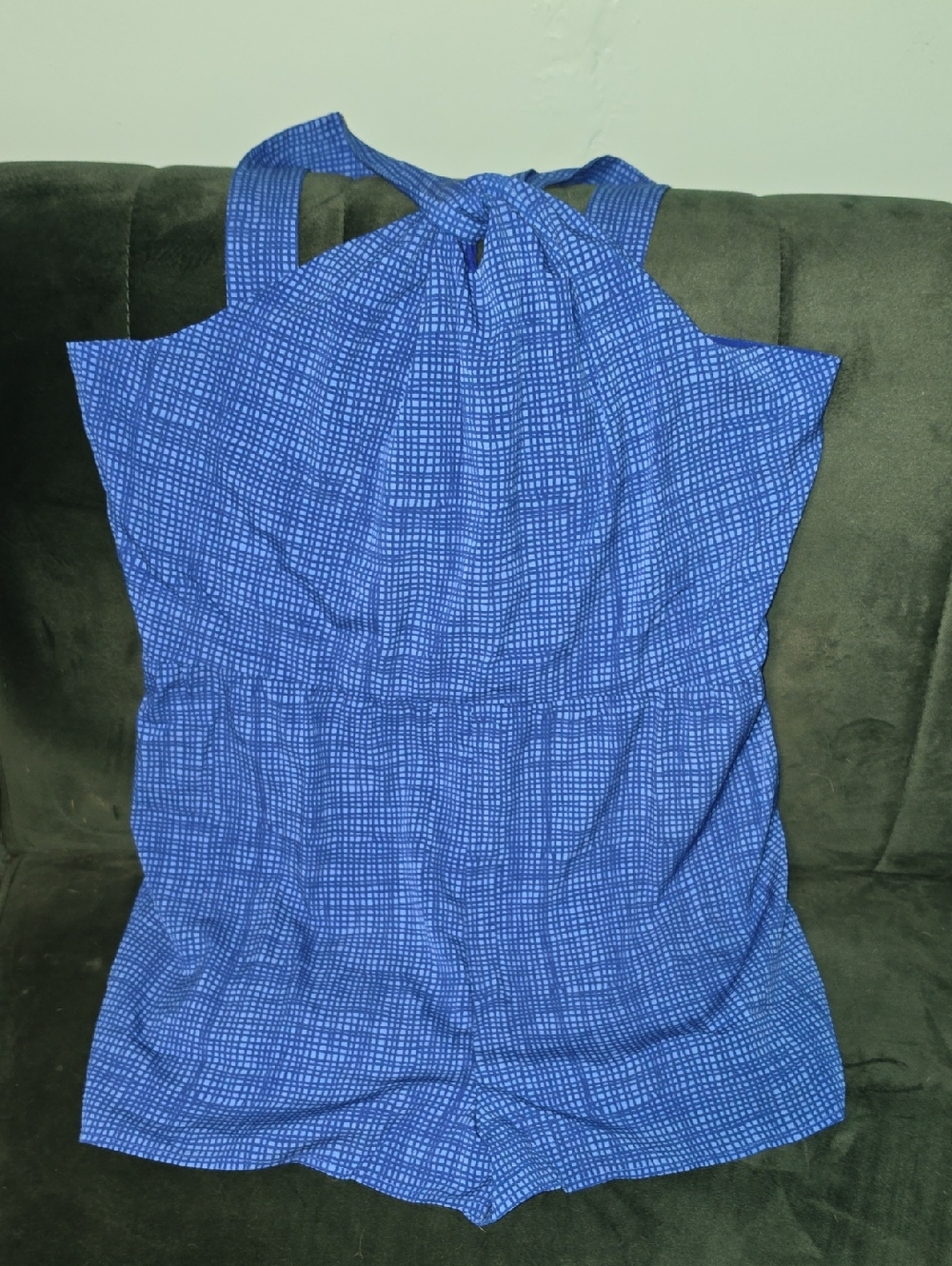 Vineyard Vines Blue Grid Halter Romper with Tie Neck